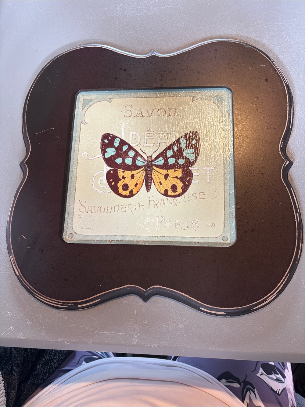 Butterfly Paris French Inspired Framed Wall Decor Distressed 15x14